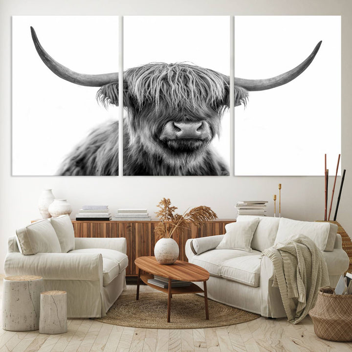 Scottish Highland Cow Cattle Art Print Wall Art Canvas Print for Farmhouse Decor, Framed Scottish Highland Cow Canvas