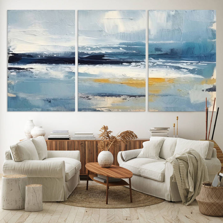 Abstract Ocean Canvas Wall Art - Coastal Blue and Gold Textured Painting, Modern Seascape Decor for Living Room Decor