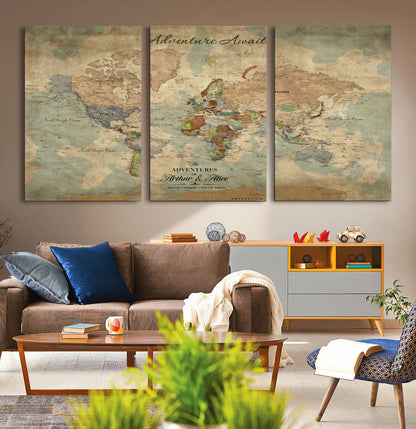 60798273-MGV-CV-30X20-Custom Push Pin World Map Wall Canvas Print – Personalized Travel Tracker with Pins – Framed Custom Quotie Canvas for Home Office Decor