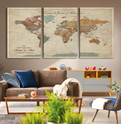 17587858-MGV-CV-36X24-Custom Push Pin World Map Wall Canvas Print – Personalized Travel Tracker with Pins – Framed Custom Quotie Canvas for Home Office Decor