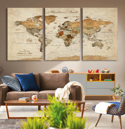64295326-MGV-CV-30X20-Custom Push Pin World Map Wall Canvas Print – Personalized Travel Tracker with Pins – Framed Custom Quotie Canvas for Home Office Decor