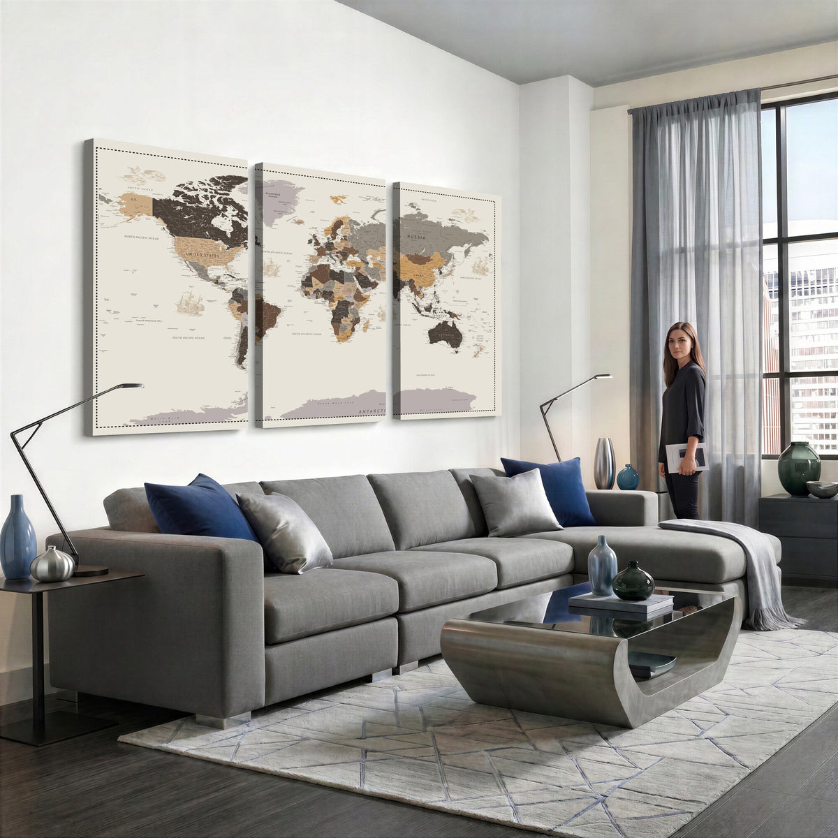 58777746-MGV-CV-36X24 - Custom Beige Modern Push Pin World Map Canvas Print, Places Visited Tracker, Bedroom and Study Decor