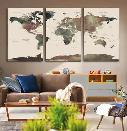 Push Pin World Map Canvas Print – Framed Wall Art for Couples to Track Their Travels – Anniversary Gift or Home Adventure Decor
