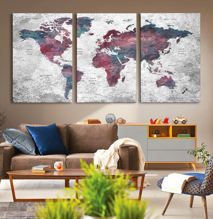 Push Pin World Map Canvas Print – Framed Wall Art for Couples to Track Their Travels – Anniversary Gift or Home Adventure Decor
