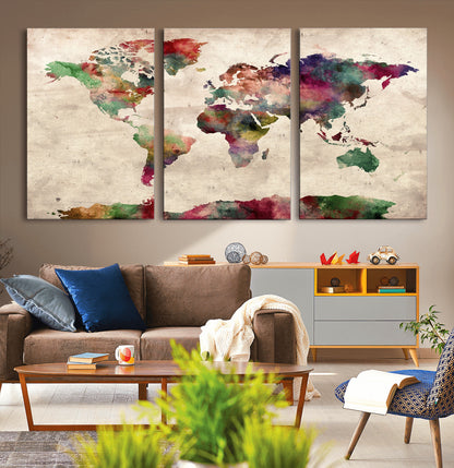 Push Pin World Map Canvas Print – Framed Wall Art for Couples to Track Their Travels – Anniversary Gift or Home Adventure Decor