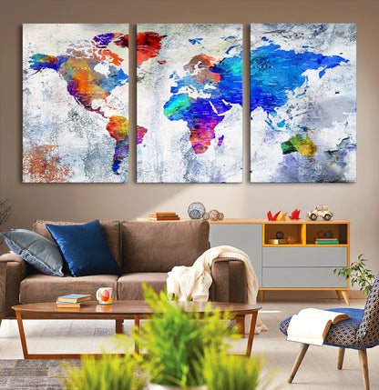 Push Pin World Map Canvas Print – Framed Wall Art for Couples to Track Their Travels – Anniversary Gift or Home Adventure Decor