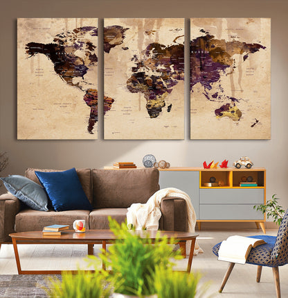 Push Pin World Map Canvas Print – Framed Wall Art for Couples to Track Their Travels – Anniversary Gift or Home Adventure Decor