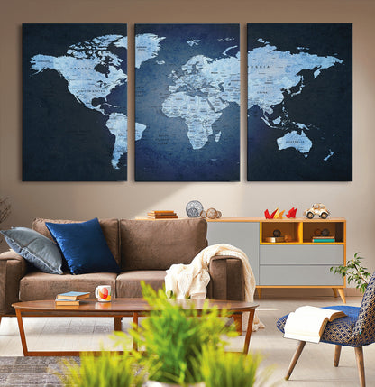 Push Pin World Map Canvas Print – Framed Wall Art for Couples to Track Their Travels – Anniversary Gift or Home Adventure Decor