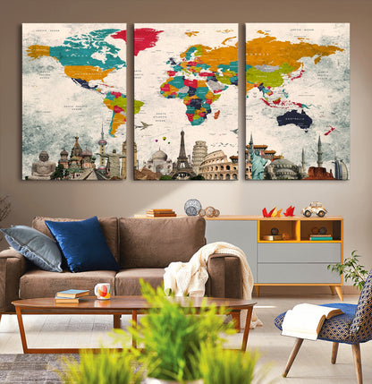 Push Pin World Map Canvas Print – Framed Wall Art for Couples to Track Their Travels – Anniversary Gift or Home Adventure Decor