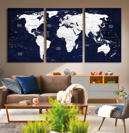 Push Pin World Map Canvas Print – Framed Wall Art for Couples to Track Their Travels – Anniversary Gift or Home Adventure Decor