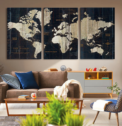 Push Pin World Map Canvas Print – Framed Wall Art for Couples to Track Their Travels – Anniversary Gift or Home Adventure Decor