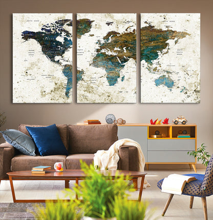 Vintage World Map Wall Art Canvas Print, Framed Rustic Earth Map Art Picture Print, Antique Map Perfect Rustic Vintage Decor Artwork