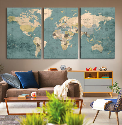 Classic World Map Wall Art Canvas Print, Framed Retro Map Art Picture Print, Vintage Atlas Perfect Rustic Explorer Decor Artwork