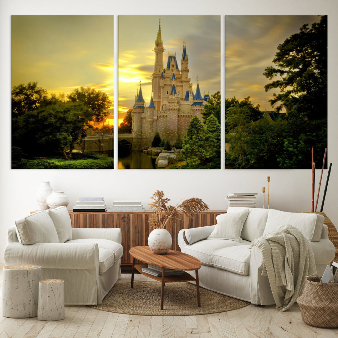 Enchanted Castle Canvas Wall Art - Magical Sunset Scene, Perfect for Disney Fans, 3-Panel Fantasy Decor, Ready to Hang