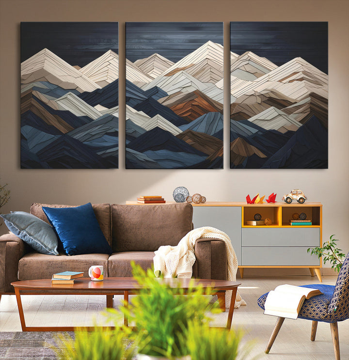 Rustic Mountain Landscape Wall Art Print - Wooden 3D Effect Mountain Canvas Print