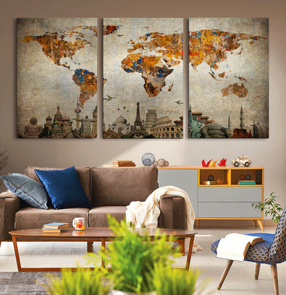 Push Pin World Map Canvas Print – Framed Wall Art for Couples to Track Their Travels – Anniversary Gift or Home Adventure Decor