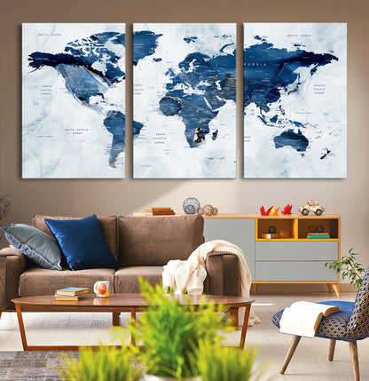 Push Pin World Map Canvas Print – Framed Wall Art for Couples to Track Their Travels – Anniversary Gift or Home Adventure Decor