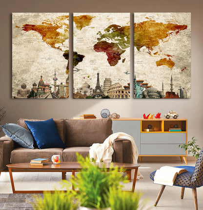 Push Pin World Map Canvas Print – Framed Wall Art for Couples to Track Their Travels – Anniversary Gift or Home Adventure Decor