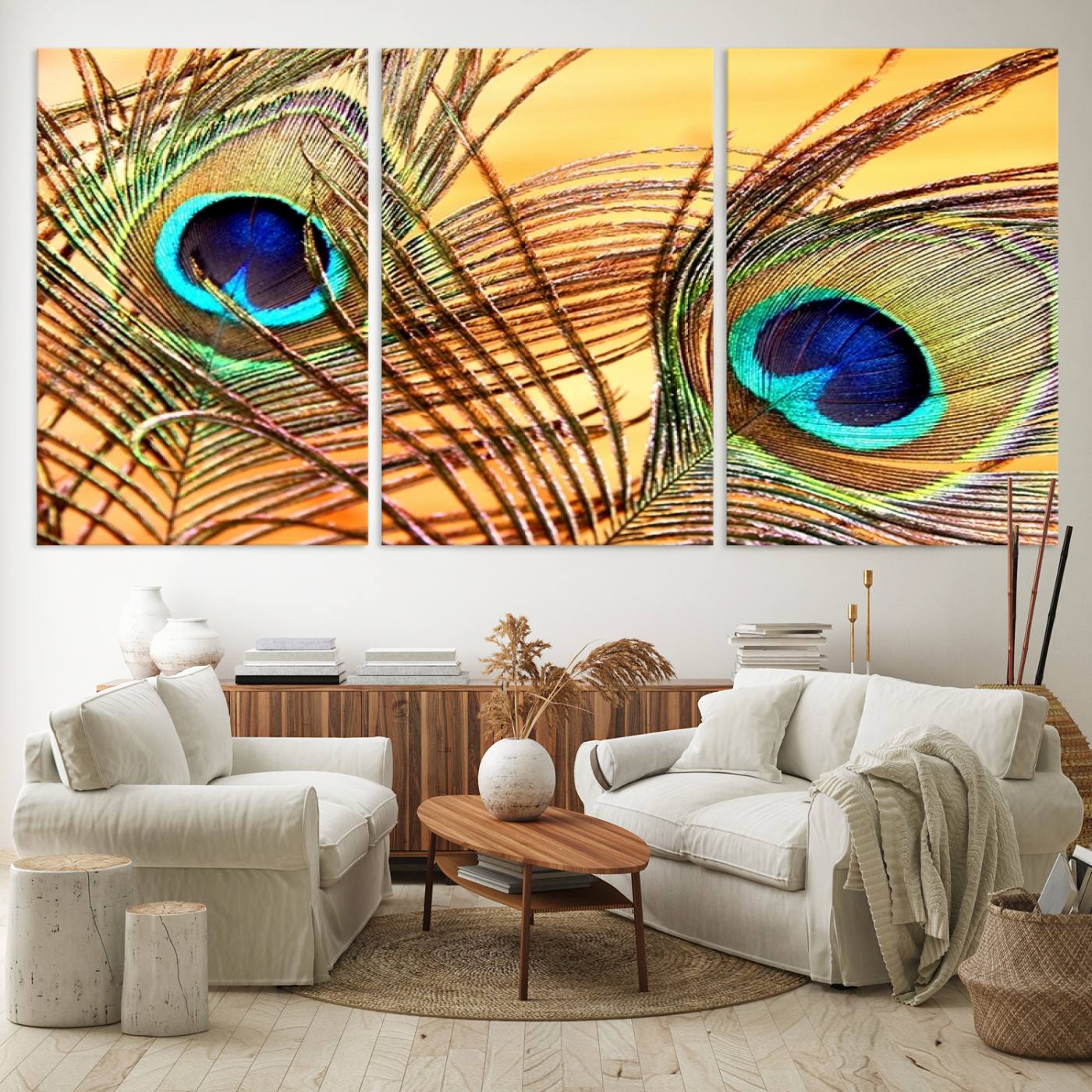 Peacock Feather Wall Art Print - Vibrant Green, Blue, and Orange Peacock Feather Design, Ready to Hang