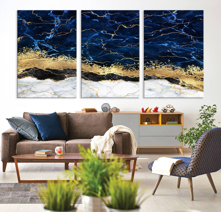 Navy Blue Marble Fluid Effect Wall Art Abstract Canvas Wall Art Print
