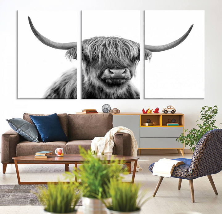 Scottish Highland Cow Cattle Art Print Wall Art Canvas Print for Farmhouse Decor, Framed Scottish Highland Cow Canvas