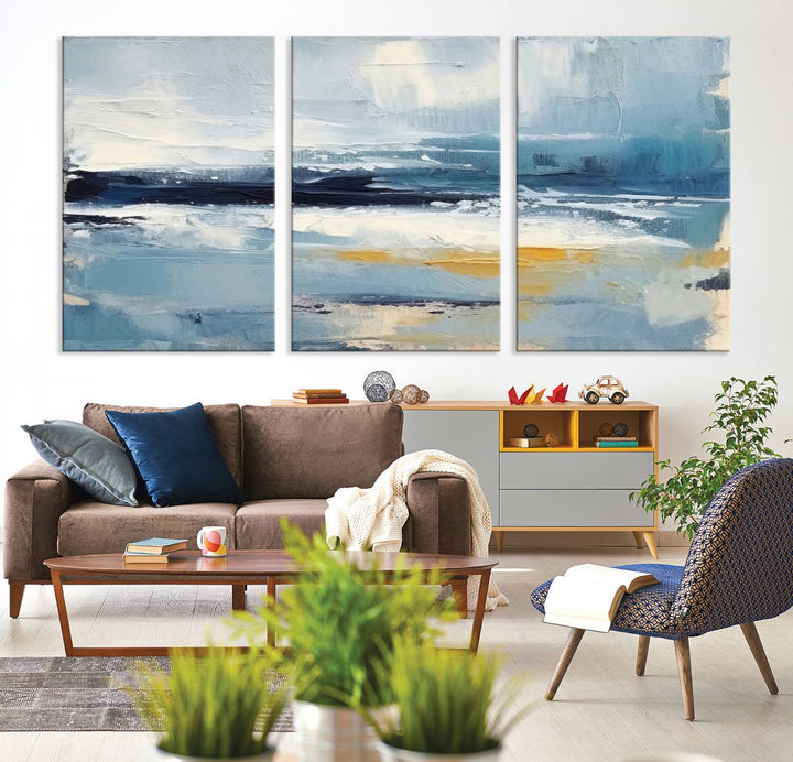 Abstract Ocean Canvas Wall Art - Coastal Blue and Gold Textured Painting, Modern Seascape Decor for Living Room Decor