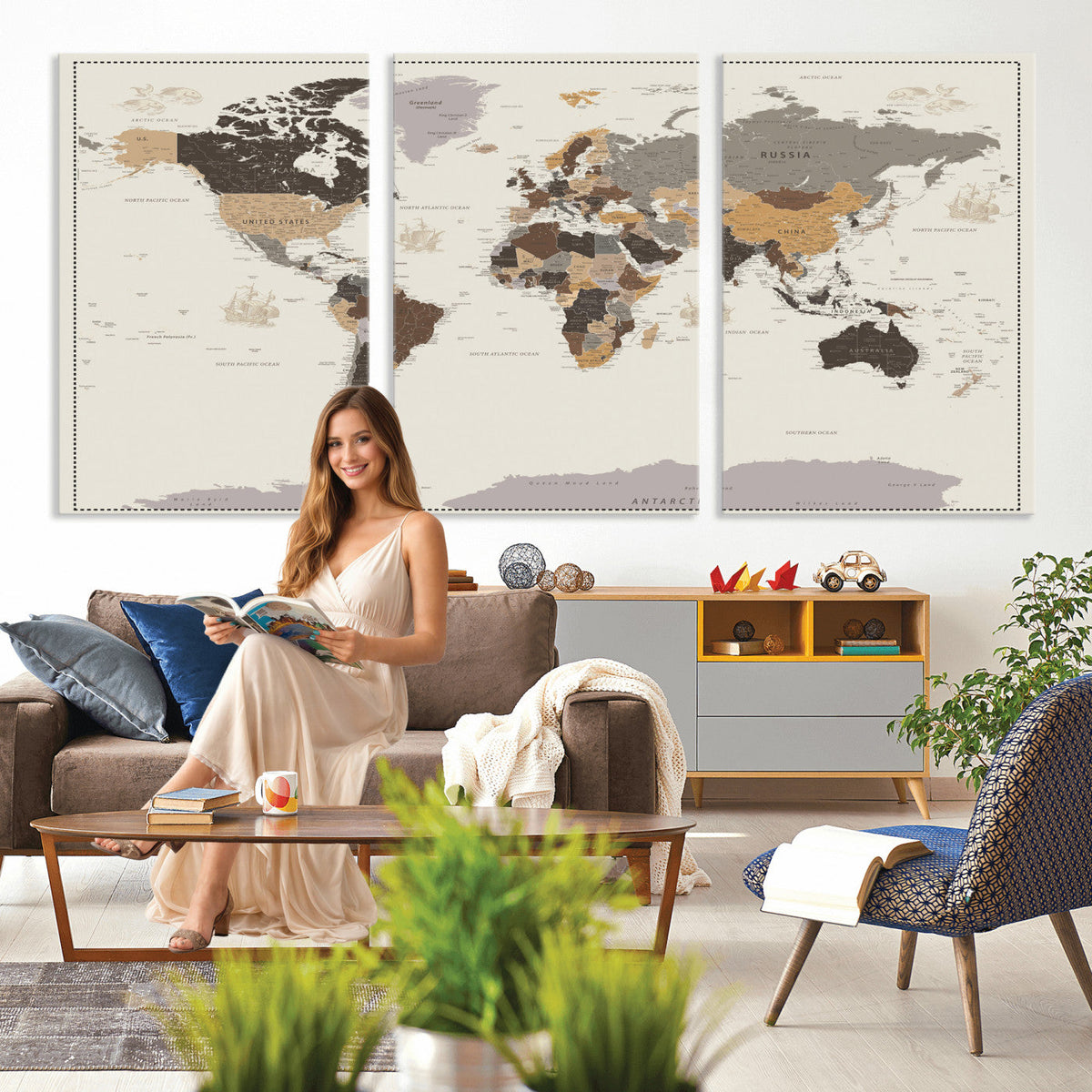 58777746-MGV-CV-36X24 - Custom Beige Modern Push Pin World Map Canvas Print, Places Visited Tracker, Bedroom and Study Decor