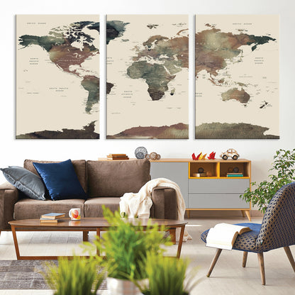 Push Pin World Map Canvas Print – Framed Wall Art for Couples to Track Their Travels – Anniversary Gift or Home Adventure Decor