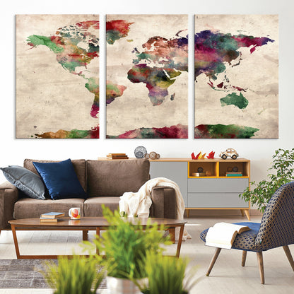 Push Pin World Map Canvas Print – Framed Wall Art for Couples to Track Their Travels – Anniversary Gift or Home Adventure Decor