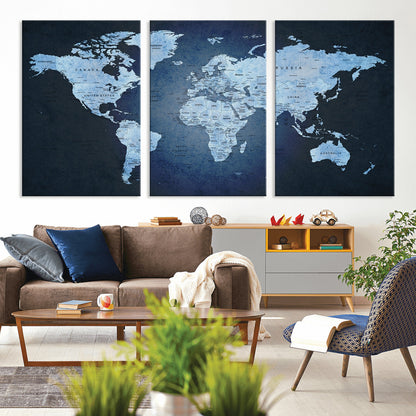 Push Pin World Map Canvas Print – Framed Wall Art for Couples to Track Their Travels – Anniversary Gift or Home Adventure Decor