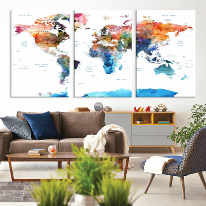 Push Pin World Map Canvas Print – Framed Wall Art for Couples to Track Their Travels – Anniversary Gift or Home Adventure Decor
