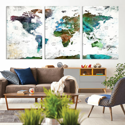 Push Pin World Map Canvas Print – Framed Wall Art for Couples to Track Their Travels – Anniversary Gift or Home Adventure Decor