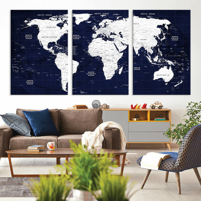 Push Pin World Map Canvas Print – Framed Wall Art for Couples to Track Their Travels – Anniversary Gift or Home Adventure Decor