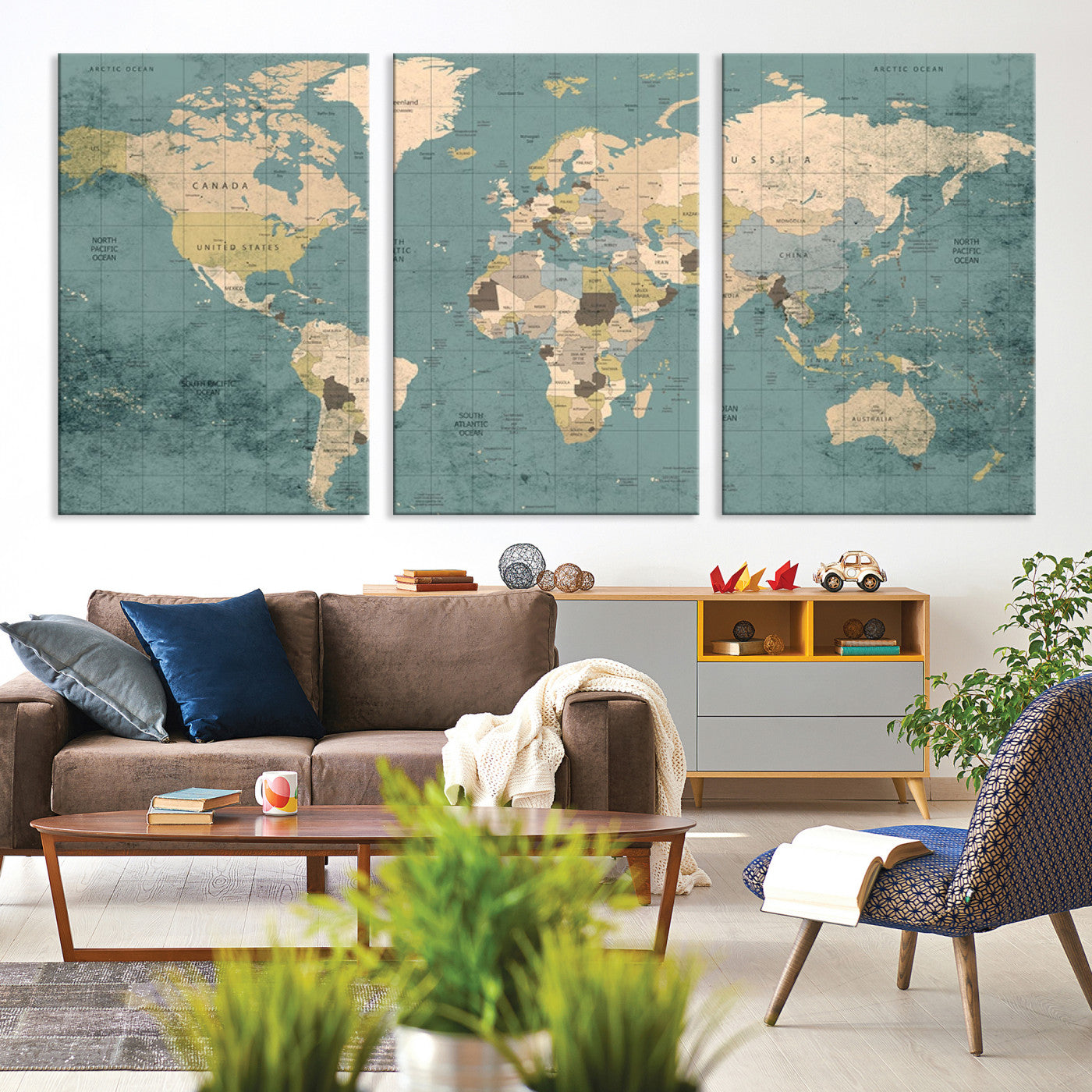 Classic World Map Wall Art Canvas Print, Framed Retro Map Art Picture Print, Vintage Atlas Perfect Rustic Explorer Decor Artwork