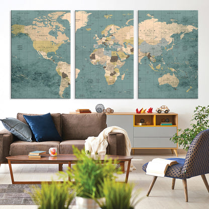 Classic World Map Wall Art Canvas Print, Framed Retro Map Art Picture Print, Vintage Atlas Perfect Rustic Explorer Decor Artwork