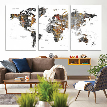 Push Pin World Map Canvas Print – Framed Wall Art for Couples to Track Their Travels – Anniversary Gift or Home Adventure Decor