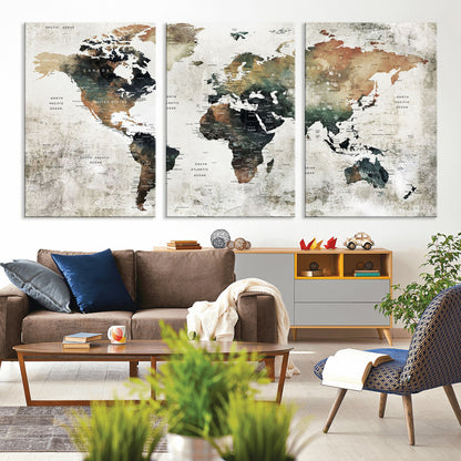 Push Pin World Map Canvas Print – Framed Wall Art for Couples to Track Their Travels – Anniversary Gift or Home Adventure Decor