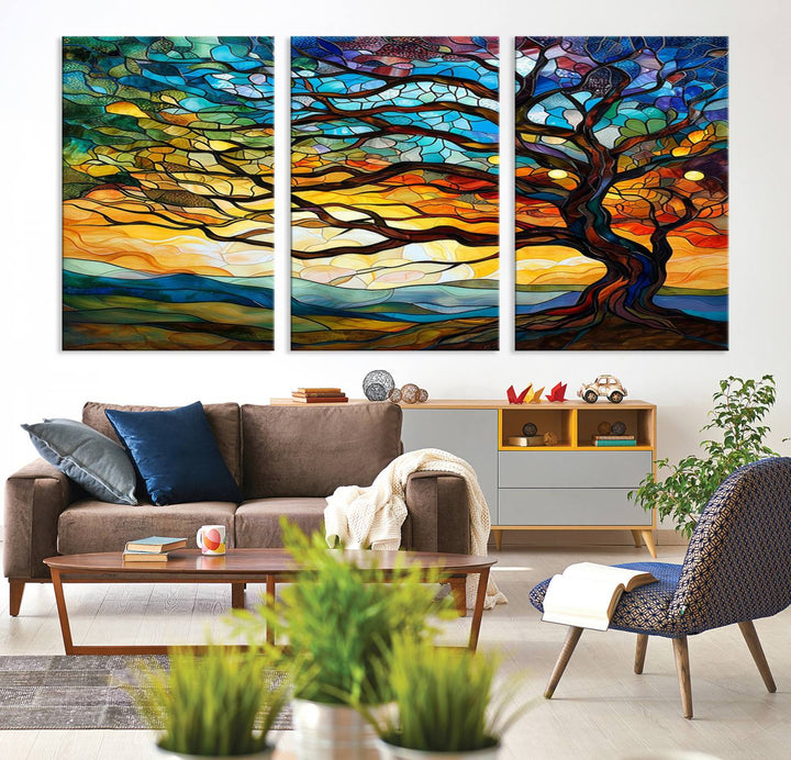A vivid Tree of Life in stained glass style is depicted with twisted branches, a colorful sky, and hills on a ready-to-hang canvas.
