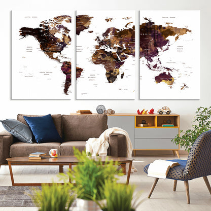 Push Pin World Map Canvas Print – Framed Wall Art for Couples to Track Their Travels – Anniversary Gift or Home Adventure Decor
