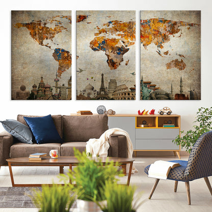 Push Pin World Map Canvas Print – Framed Wall Art for Couples to Track Their Travels – Anniversary Gift or Home Adventure Decor