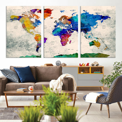 Push Pin World Map Canvas Print – Framed Wall Art for Couples to Track Their Travels – Anniversary Gift or Home Adventure Decor