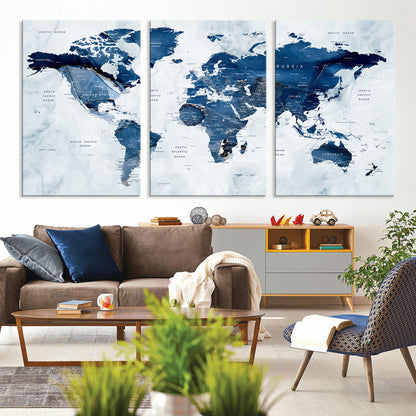 Push Pin World Map Canvas Print – Framed Wall Art for Couples to Track Their Travels – Anniversary Gift or Home Adventure Decor