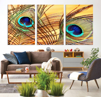 Peacock Feather Wall Art Print - Vibrant Green, Blue, and Orange Peacock Feather Design, Ready to Hang