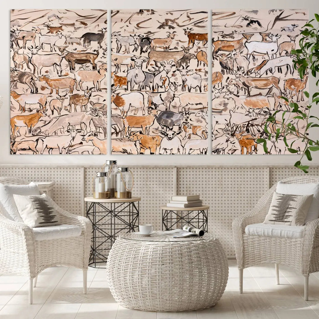 Abstract Farm Animal Canvas Wall Art - Rustic Goat and Cattle Design for Living Room, Farmhouse, or Study, Ready to Hang