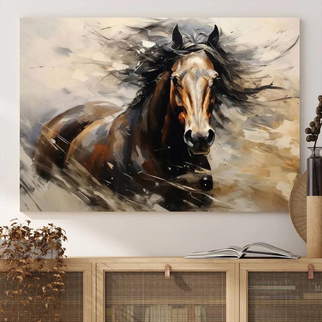 Abstract Horse Wall Art Print - Large Western Horse Canvas - Farmhouse Woodland Wall Art - Framed Barn and Log Cabin Winter Artwork