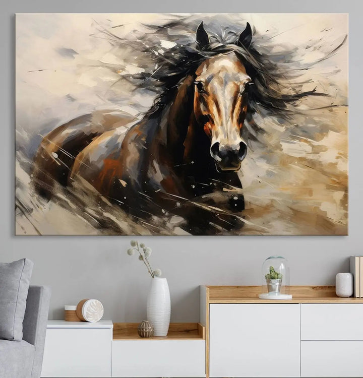 Abstract Horse Wall Art Print - Large Western Horse Canvas - Farmhouse Woodland Wall Art - Framed Barn and Log Cabin Winter Artwork