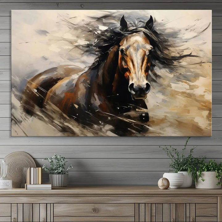 Abstract Horse Wall Art Print - Large Western Horse Canvas - Farmhouse Woodland Wall Art - Framed Barn and Log Cabin Winter Artwork