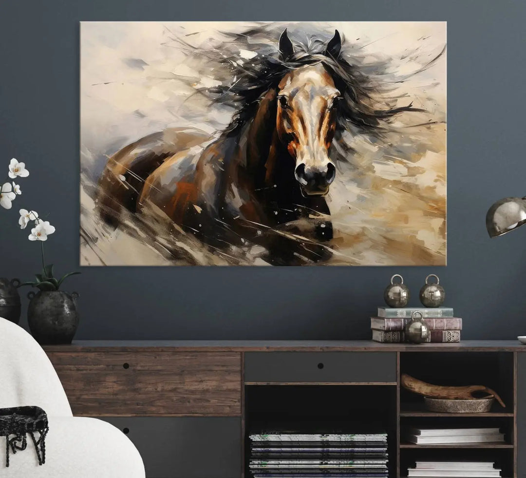 Abstract Horse Wall Art Print - Large Western Horse Canvas - Farmhouse Woodland Wall Art - Framed Barn and Log Cabin Winter Artwork