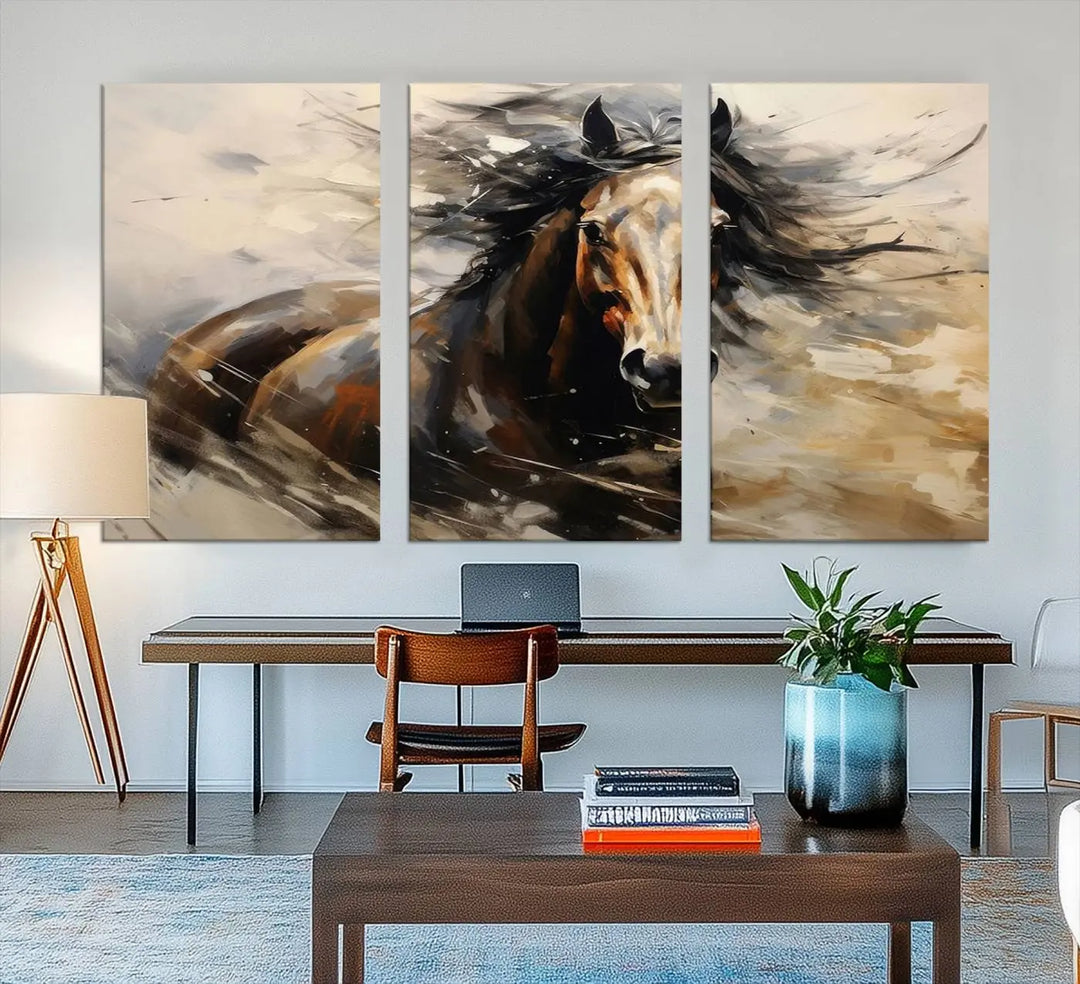 Abstract Horse Wall Art Print - Large Western Horse Canvas - Farmhouse Woodland Wall Art - Framed Barn and Log Cabin Winter Artwork