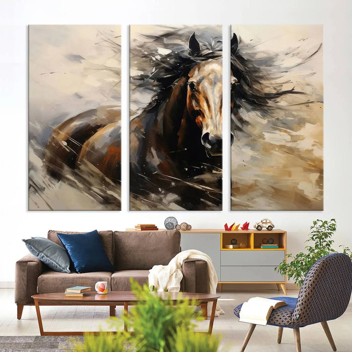 Abstract Horse Wall Art Print - Large Western Horse Canvas - Farmhouse Woodland Wall Art - Framed Barn and Log Cabin Winter Artwork